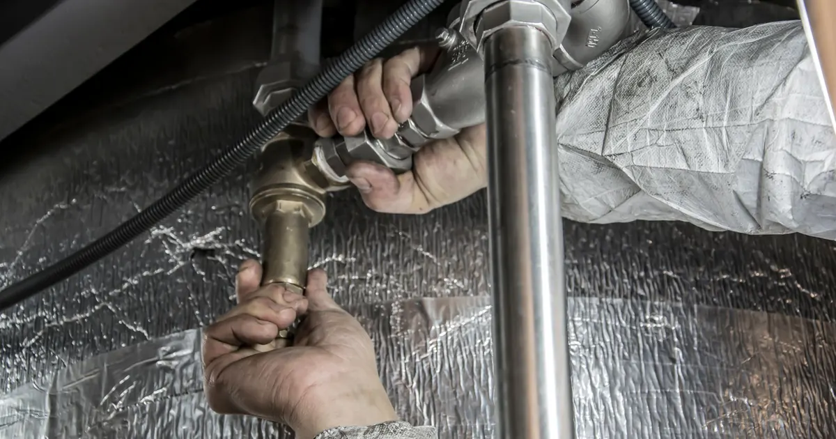 Mains d'un plombier travaillant sur une canalisation